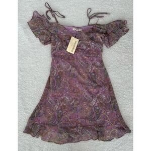 NEW Purple Paisley Dress Floral Slip Mini Flutter Sleeves Off Shoulder Boho Sz S
